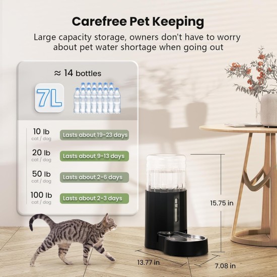 JUNSPOW 7L Stainless Steel Pet Water Dispenser, Large Capacity Gravity Pet Drinker, No Electricity & Ultra Silent Automatic Water Dispenser for Large Dogs/Multi-Cat Household, Black JUNSPOW 7L Stainless Steel Pet Water Dispenser, Large Capacity Gravity Pet Drinker, No Electricity & Ultra Silent Automatic Water Dispenser for Large Dogs/Multi-Cat Household, Black