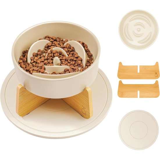 KOALOS® Raised Ceramic Anti Slinging Bowl with Bamboo Stand - Feeding Bowl for Cats and Small Dogs with Non-Slip Stickers - Slow Feeding Dog Bowl and Cat Bowl [Bowl Mat Included]
