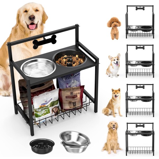 Lewondr Raised Dog Bowls, Slow Feeding Dog Bowl, Feeding Station, Dog Bowl, Height Adjustable with Stainless Steel Bowls & Storage Rack, Raised Feeding Bowl for Medium and Large Dogs Lewondr Raised Dog Bowls, Slow Feeding Dog Bowl, Feeding Station, Dog Bowl, Height Adjustable with Stainless Steel Bowls & Storage Rack, Raised Feeding Bowl for Medium and Large Dogs