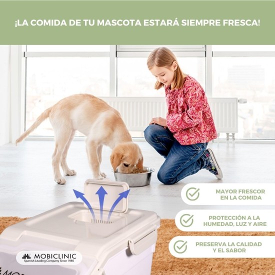 Mobiclinic® Pet Food Container, Feedpet, Capacity 20 L, Hermetic Closure, 23 x 25, 5 x 36, 5 cm, Includes Scoop and Measuring Cup, with Wheels, Transparent Window Mobiclinic® Pet Food Container, Feedpet, Capacity 20 L, Hermetic Closure, 23 x 25, 5 x 36, 5 cm, Includes Scoop and Measuring Cup, with Wheels, Transparent Window