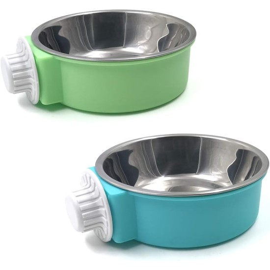 N//A Pack of 2 Cage Dog Bowl, Removable Stainless Steel Hanging Bowl, Pet Food, Water Bowl for Cats, Puppies, Birds and Rabbits (Green, Blue)