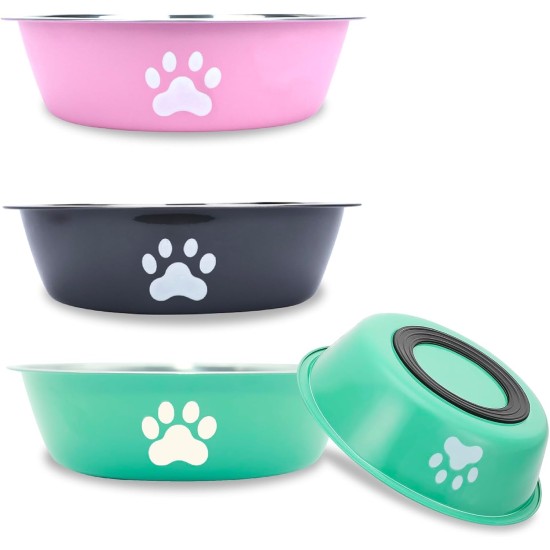 OYIWINMI Dog Bowl, Stainless Steel, Small Dogs, Food Bowl and Water Bowl with Non-Slip Silicone Base for Small, Medium Dogs and Cats (860 ml) Pack of 3