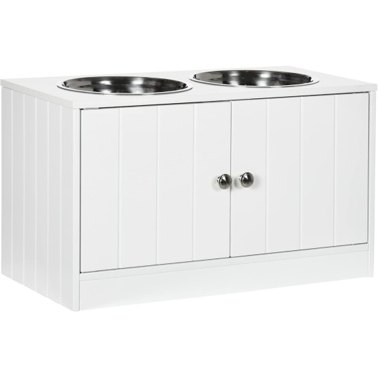 PawHut Dog Bowls, Raised Feeding Station with 2 Stainless Steel Bowls, Dog Bowl Stand with 44L Storage Space, Magnetic Doors, Feeding Bowl, Water Bowl for Large Dogs, White