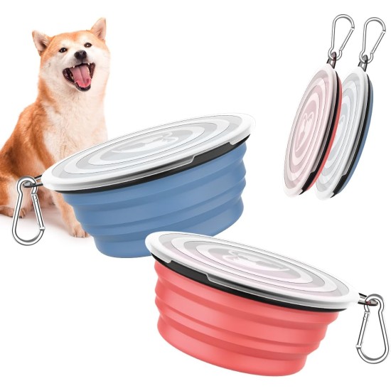 Pawaboo Foldable Dog Bowl, Pack of 2 450 ml Dog Travel Bowls, Portable Silicone Leak-Proof Drinking Bowl, Feeding Bowl with Lid and Carabiner for Dogs Cats Walks on the Go - Turquoise + Purple Pawaboo Foldable Dog Bowl, Pack of 2 450 ml Dog Travel Bowls, Portable Silicone Leak-Proof Drinking Bowl, Feeding Bowl with Lid and Carabiner for Dogs Cats Walks on the Go - Turquoise + Purple