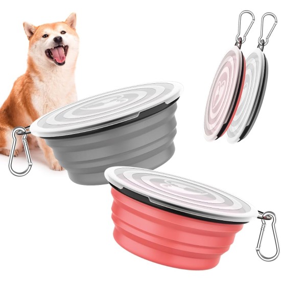 Pawaboo Foldable Dog Bowl, Pack of 2 450 ml Dog Travel Bowls, Portable Silicone Leak-Proof Drinking Bowl, Feeding Bowl with Lid and Carabiner for Dogs Cats Walks on the Go - Turquoise + Purple Pawaboo Foldable Dog Bowl, Pack of 2 450 ml Dog Travel Bowls, Portable Silicone Leak-Proof Drinking Bowl, Feeding Bowl with Lid and Carabiner for Dogs Cats Walks on the Go - Turquoise + Purple