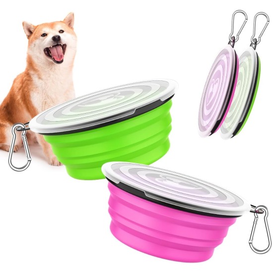Pawaboo Foldable Dog Bowl, Pack of 2 450 ml Dog Travel Bowls, Portable Silicone Leak-Proof Drinking Bowl, Feeding Bowl with Lid and Carabiner for Dogs Cats Walks on the Go - Turquoise + Purple Pawaboo Foldable Dog Bowl, Pack of 2 450 ml Dog Travel Bowls, Portable Silicone Leak-Proof Drinking Bowl, Feeding Bowl with Lid and Carabiner for Dogs Cats Walks on the Go - Turquoise + Purple