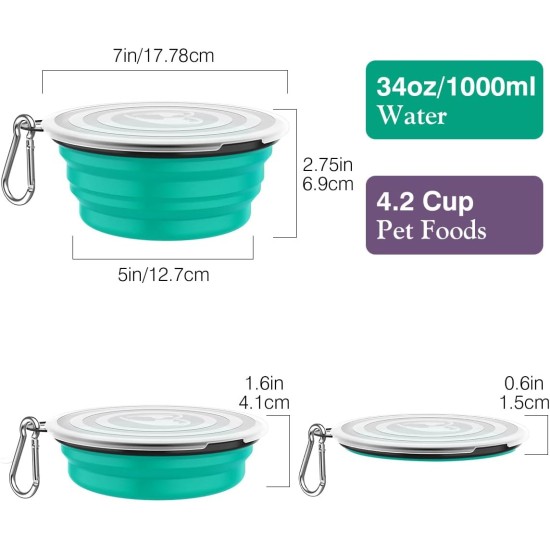 Pawaboo Foldable Dog Bowl, Pack of 2 450 ml Dog Travel Bowls, Portable Silicone Leak-Proof Drinking Bowl, Feeding Bowl with Lid and Carabiner for Dogs Cats Walks on the Go - Turquoise + Purple Pawaboo Foldable Dog Bowl, Pack of 2 450 ml Dog Travel Bowls, Portable Silicone Leak-Proof Drinking Bowl, Feeding Bowl with Lid and Carabiner for Dogs Cats Walks on the Go - Turquoise + Purple