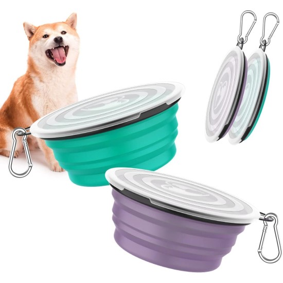 Pawaboo Foldable Dog Bowl, Pack of 2 450 ml Dog Travel Bowls, Portable Silicone Leak-Proof Drinking Bowl, Feeding Bowl with Lid and Carabiner for Dogs Cats Walks on the Go - Turquoise + Purple Pawaboo Foldable Dog Bowl, Pack of 2 450 ml Dog Travel Bowls, Portable Silicone Leak-Proof Drinking Bowl, Feeding Bowl with Lid and Carabiner for Dogs Cats Walks on the Go - Turquoise + Purple