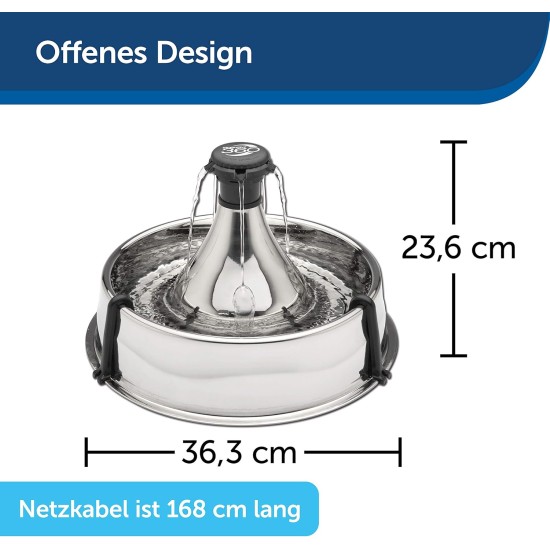 PetSafe stainless steel drinking fountain, model coastal noise or 360, cat, for cats and dogs, 1.8 litres or 3.8 litres water capacity, quiet operation, dual filtered water. PetSafe stainless steel drinking fountain, model coastal noise or 360, cat, for cats and dogs, 1.8 litres or 3.8 litres water capacity, quiet operation, dual filtered water.