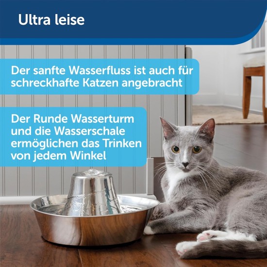 PetSafe stainless steel drinking fountain, model coastal noise or 360, cat, for cats and dogs, 1.8 litres or 3.8 litres water capacity, quiet operation, dual filtered water. PetSafe stainless steel drinking fountain, model coastal noise or 360, cat, for cats and dogs, 1.8 litres or 3.8 litres water capacity, quiet operation, dual filtered water.