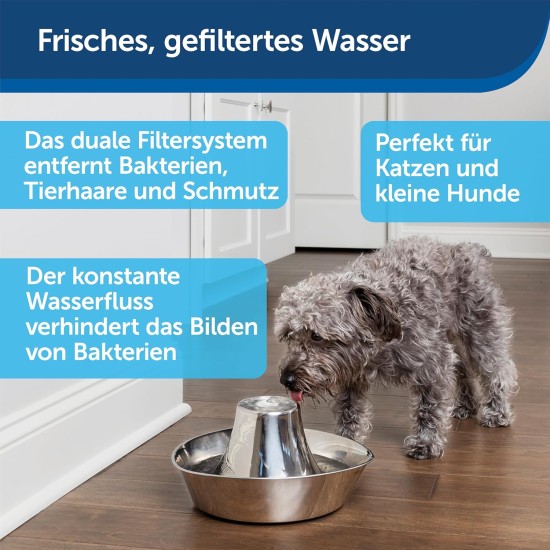 PetSafe stainless steel drinking fountain, model coastal noise or 360, cat, for cats and dogs, 1.8 litres or 3.8 litres water capacity, quiet operation, dual filtered water. PetSafe stainless steel drinking fountain, model coastal noise or 360, cat, for cats and dogs, 1.8 litres or 3.8 litres water capacity, quiet operation, dual filtered water.