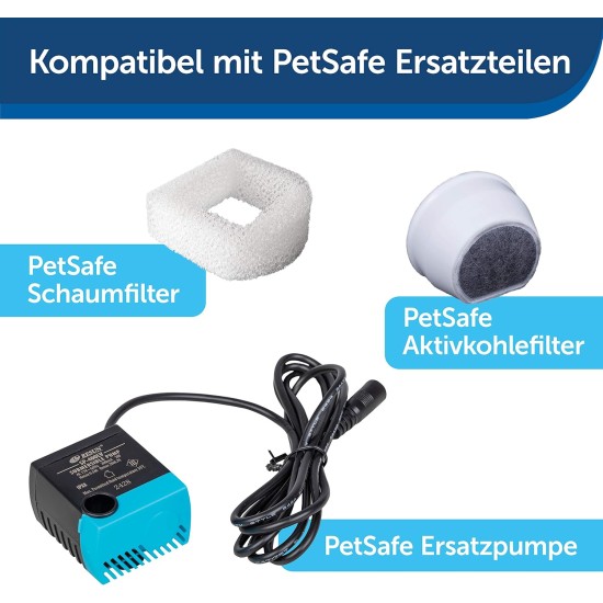 PetSafe stainless steel drinking fountain, model coastal noise or 360, cat, for cats and dogs, 1.8 litres or 3.8 litres water capacity, quiet operation, dual filtered water. PetSafe stainless steel drinking fountain, model coastal noise or 360, cat, for cats and dogs, 1.8 litres or 3.8 litres water capacity, quiet operation, dual filtered water.