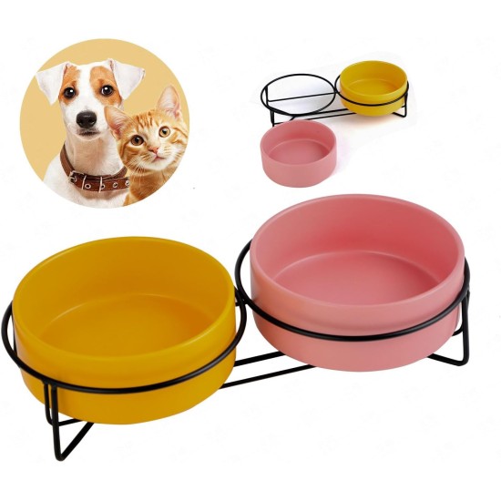 Raised Ceramic Cat Bowl with Bowl Stand, Set of 2 Cat Feeding Bowls for Feeding Bowl and Water Bowl, Neck Protection Design, Cat Bowl Set for Cats, Dogs and Puppies, 400 ml (Pink+Yellow) Raised Ceramic Cat Bowl with Bowl Stand, Set of 2 Cat Feeding Bowls for Feeding Bowl and Water Bowl, Neck Protection Design, Cat Bowl Set for Cats, Dogs and Puppies, 400 ml (Pink+Yellow)