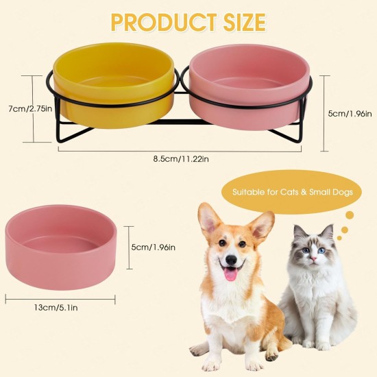Raised Ceramic Cat Bowl with Bowl Stand, Set of 2 Cat Feeding Bowls for Feeding Bowl and Water Bowl, Neck Protection Design, Cat Bowl Set for Cats, Dogs and Puppies, 400 ml (Pink+Yellow) Raised Ceramic Cat Bowl with Bowl Stand, Set of 2 Cat Feeding Bowls for Feeding Bowl and Water Bowl, Neck Protection Design, Cat Bowl Set for Cats, Dogs and Puppies, 400 ml (Pink+Yellow)