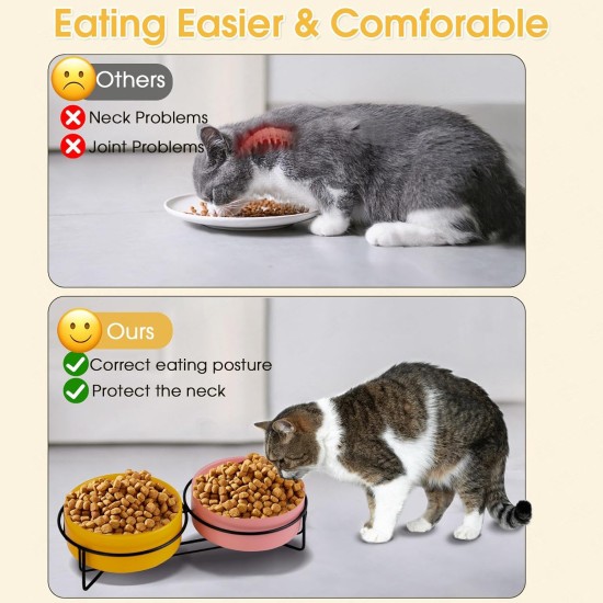 Raised Ceramic Cat Bowl with Bowl Stand, Set of 2 Cat Feeding Bowls for Feeding Bowl and Water Bowl, Neck Protection Design, Cat Bowl Set for Cats, Dogs and Puppies, 400 ml (Pink+Yellow) Raised Ceramic Cat Bowl with Bowl Stand, Set of 2 Cat Feeding Bowls for Feeding Bowl and Water Bowl, Neck Protection Design, Cat Bowl Set for Cats, Dogs and Puppies, 400 ml (Pink+Yellow)