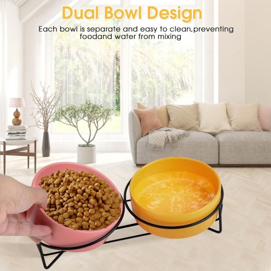 Raised Ceramic Cat Bowl with Bowl Stand, Set of 2 Cat Feeding Bowls for Feeding Bowl and Water Bowl, Neck Protection Design, Cat Bowl Set for Cats, Dogs and Puppies, 400 ml (Pink+Yellow) Raised Ceramic Cat Bowl with Bowl Stand, Set of 2 Cat Feeding Bowls for Feeding Bowl and Water Bowl, Neck Protection Design, Cat Bowl Set for Cats, Dogs and Puppies, 400 ml (Pink+Yellow)