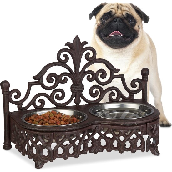 Relaxdays Antique Style Cast Iron Dog Bowl Set Removable Stainless Steel Bowls 0.3L Brown Relaxdays Antique Style Cast Iron Dog Bowl Set Removable Stainless Steel Bowls 0.3L Brown