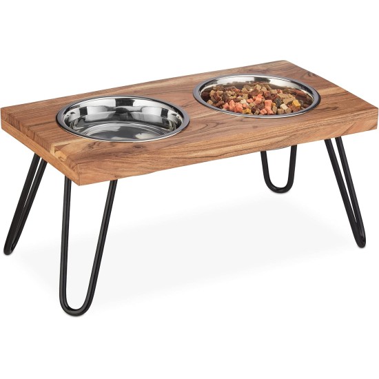Relaxdays Bowl Stand, Stainless Steel Bowls 1200 ml, Acacia Wood Dog Feeding Station HBT 23 x 49.5 x 25 cm, Brown Relaxdays Bowl Stand, Stainless Steel Bowls 1200 ml, Acacia Wood Dog Feeding Station HBT 23 x 49.5 x 25 cm, Brown