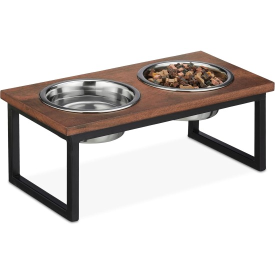 Relaxdays Bowl Stand, Stainless Steel Bowls Capacity 1000 ml, Mango Wood Dog Feeding Station HBT 16.5 x 42 x 21 cm, Natural Relaxdays Bowl Stand, Stainless Steel Bowls Capacity 1000 ml, Mango Wood Dog Feeding Station HBT 16.5 x 42 x 21 cm, Natural