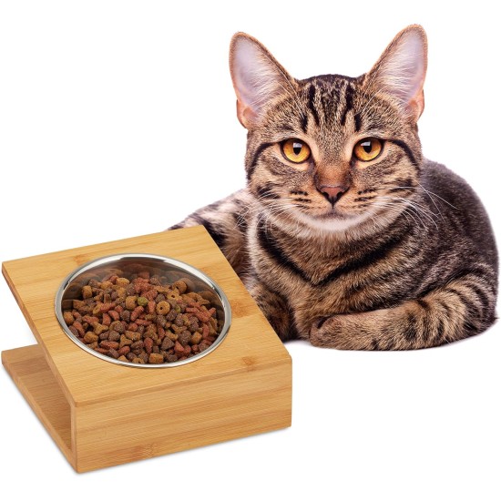 Relaxdays Bowl Station, Cats & Small Dogs, for Water and Food, Inclined Feeding Bowl, Stainless Steel, HBT 10 x 18 x 18, Natural, 1 Bowl