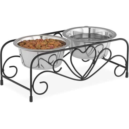 Relaxdays Dog Bowl Set with Holder, Bowl Stand Dogs & Cats, 2 Stainless Steel Bowls 300 ml Each, Feeding Bar, Black/Silver Relaxdays Dog Bowl Set with Holder, Bowl Stand Dogs & Cats, 2 Stainless Steel Bowls 300 ml Each, Feeding Bar, Black/Silver