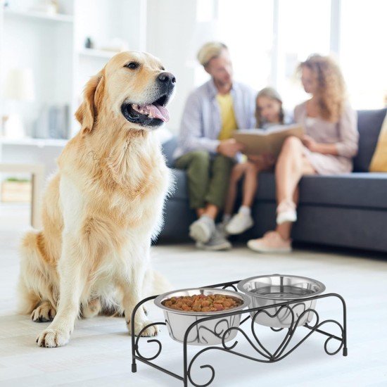 Relaxdays Dog Bowl Set with Holder, Bowl Stand Dogs & Cats, 2 Stainless Steel Bowls 300 ml Each, Feeding Bar, Black/Silver Relaxdays Dog Bowl Set with Holder, Bowl Stand Dogs & Cats, 2 Stainless Steel Bowls 300 ml Each, Feeding Bar, Black/Silver