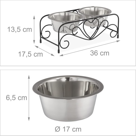 Relaxdays Dog Bowl Set with Holder, Bowl Stand Dogs & Cats, 2 Stainless Steel Bowls 300 ml Each, Feeding Bar, Black/Silver Relaxdays Dog Bowl Set with Holder, Bowl Stand Dogs & Cats, 2 Stainless Steel Bowls 300 ml Each, Feeding Bar, Black/Silver