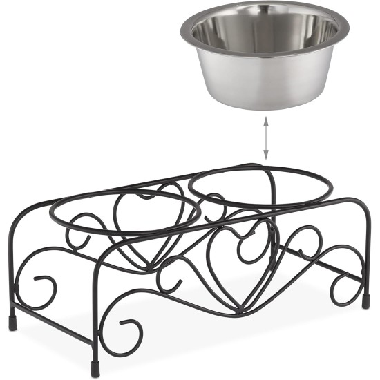 Relaxdays Dog Bowl Set with Holder, Bowl Stand Dogs & Cats, 2 Stainless Steel Bowls 300 ml Each, Feeding Bar, Black/Silver Relaxdays Dog Bowl Set with Holder, Bowl Stand Dogs & Cats, 2 Stainless Steel Bowls 300 ml Each, Feeding Bar, Black/Silver