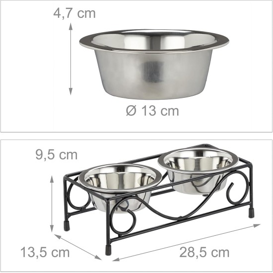 Relaxdays Dog Bowl Set with Holder, Bowl Stand Dogs & Cats, 2 Stainless Steel Bowls 300 ml Each, Feeding Bar, Black/Silver Relaxdays Dog Bowl Set with Holder, Bowl Stand Dogs & Cats, 2 Stainless Steel Bowls 300 ml Each, Feeding Bar, Black/Silver