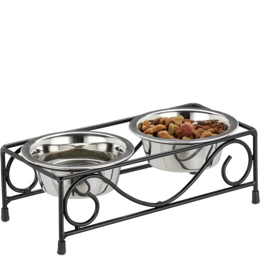 Relaxdays Dog Bowl Set with Holder, Bowl Stand Dogs & Cats, 2 Stainless Steel Bowls 300 ml Each, Feeding Bar, Black/Silver Relaxdays Dog Bowl Set with Holder, Bowl Stand Dogs & Cats, 2 Stainless Steel Bowls 300 ml Each, Feeding Bar, Black/Silver
