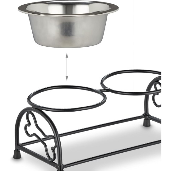 Relaxdays Dog Bowl Set with Holder, Bowl Stand for Large Dogs, 2 Stainless Steel Bowls Each 800 ml, Feeding Bar, Black/Silver Relaxdays Dog Bowl Set with Holder, Bowl Stand for Large Dogs, 2 Stainless Steel Bowls Each 800 ml, Feeding Bar, Black/Silver