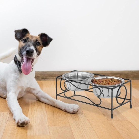 Relaxdays Dog Bowl Set with Holder, Bowl Stand for Large Dogs, 2 Stainless Steel Bowls Each 800 ml, Feeding Bar, Black/Silver Relaxdays Dog Bowl Set with Holder, Bowl Stand for Large Dogs, 2 Stainless Steel Bowls Each 800 ml, Feeding Bar, Black/Silver