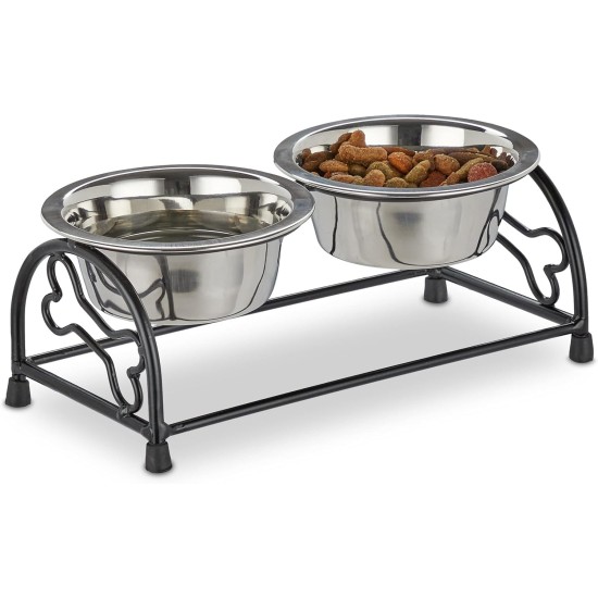 Relaxdays Dog Bowl Set with Holder, Bowl Stand for Large Dogs, 2 Stainless Steel Bowls Each 800 ml, Feeding Bar, Black/Silver Relaxdays Dog Bowl Set with Holder, Bowl Stand for Large Dogs, 2 Stainless Steel Bowls Each 800 ml, Feeding Bar, Black/Silver