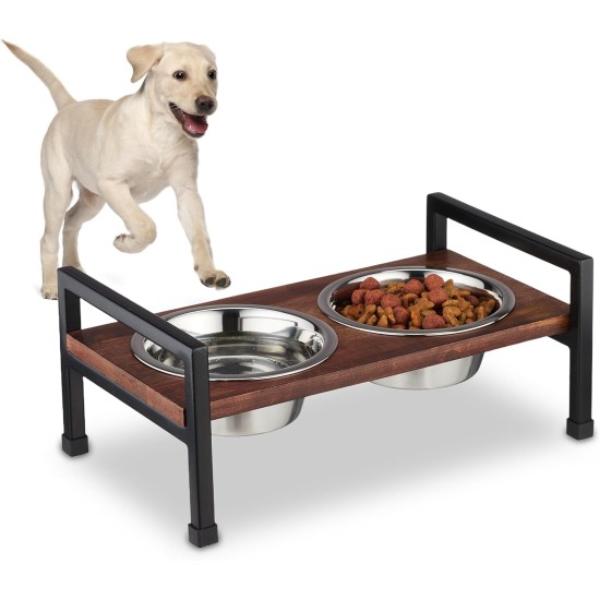 Relaxdays Dog Feeder Raised Dog Bar, 2 Stainless Steel Feeding Bowls, 750 ml Each, Mango Wood & Iron, Brown/Black