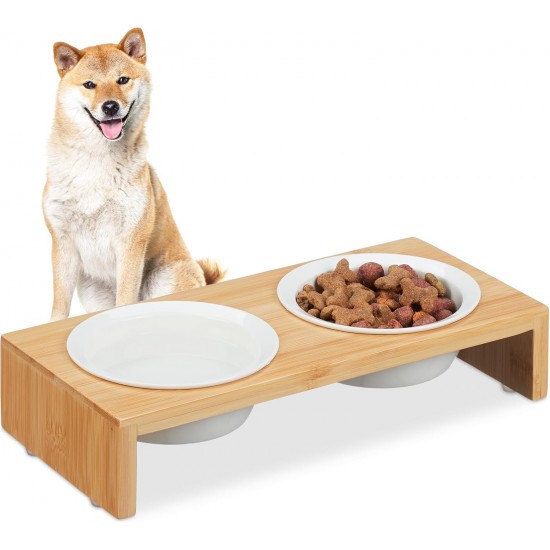 Relaxdays Dog Feeding Station 2 Bowls, 270 ml Each, Dishwasher Safe, Bamboo & Ceramic, Bowl Stand, Natural/White Relaxdays Dog Feeding Station 2 Bowls, 270 ml Each, Dishwasher Safe, Bamboo & Ceramic, Bowl Stand, Natural/White