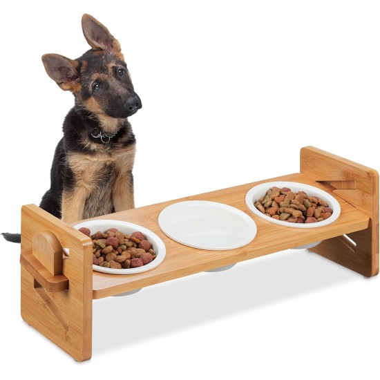 Relaxdays Dog Feeding Station Height Adjustable 3 Bowls 200 ml Each Bamboo and Ceramic Bowl Stand Natural/White Relaxdays Dog Feeding Station Height Adjustable 3 Bowls 200 ml Each Bamboo and Ceramic Bowl Stand Natural/White