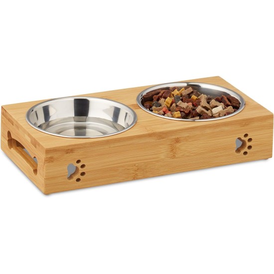 Relaxdays Double Dog Feeding Station Feeding Bar for Small Dogs, 2 Bowls V 300 ml Each, Raised, Bamboo & Stainless Steel, HBT: 6.5 x 31.5 x 15 cm, Natural/Silver, Pack of 1 Relaxdays Double Dog Feeding Station Feeding Bar for Small Dogs, 2 Bowls V 300 ml Each, Raised, Bamboo & Stainless Steel, HBT: 6.5 x 31.5 x 15 cm, Natural/Silver, Pack of 1