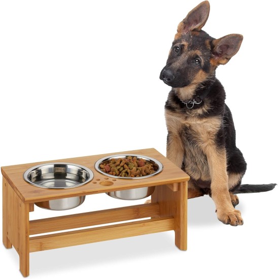 Relaxdays Feeding Bar for Dogs, 2 Bowls Each 700 ml, Raised Bamboo & Stainless Steel, H x W x D: 18.5 x 40 x 20.5 cm, Natural/Silver