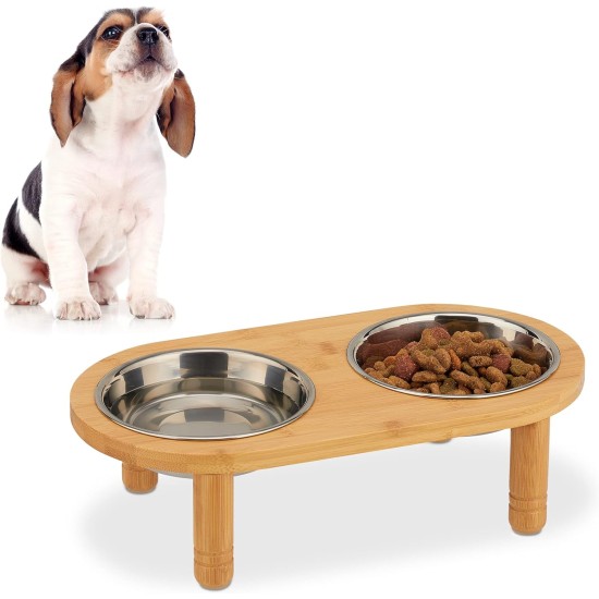 Relaxdays Feeding Bar for Small Dogs, 2 Bowls Each 300 ml, Raised Bamboo & Stainless Steel, H x W x D: 9.5 x 34.5 x 18 cm, Natural/Silver