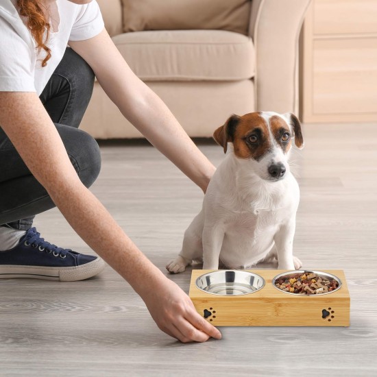 Relaxdays Feeding Bar for Small Dogs, 2 Bowls V Each 300 ml, Raised, Bamboo & Stainless Steel, HBT: 6.5 x 31.5 x 15 cm, Natural/Silver, 1 Piece 10028859 Relaxdays Feeding Bar for Small Dogs, 2 Bowls V Each 300 ml, Raised, Bamboo & Stainless Steel, HBT: 6.5 x 31.5 x 15 cm, Natural/Silver, 1 Piece 10028859