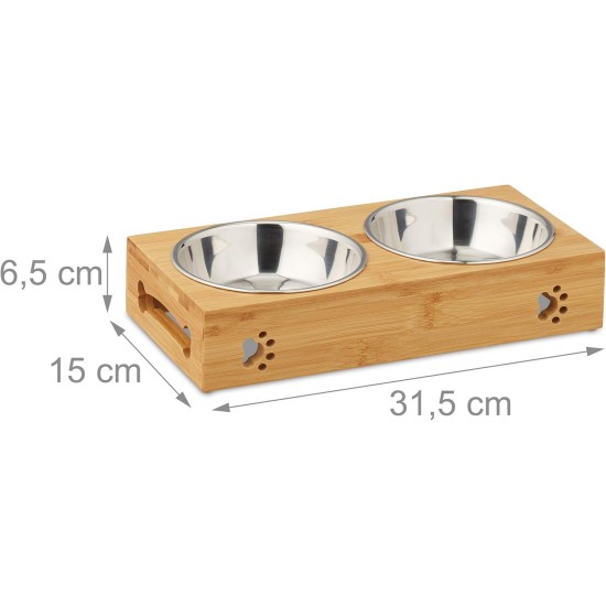 Relaxdays Feeding Bar for Small Dogs, 2 Bowls V Each 300 ml, Raised, Bamboo & Stainless Steel, HBT: 6.5 x 31.5 x 15 cm, Natural/Silver, 1 Piece 10028859 Relaxdays Feeding Bar for Small Dogs, 2 Bowls V Each 300 ml, Raised, Bamboo & Stainless Steel, HBT: 6.5 x 31.5 x 15 cm, Natural/Silver, 1 Piece 10028859
