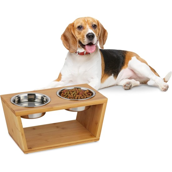 Relaxdays, Natural Double Bowl with 2 Stainless Steel Bowls, Medium Dogs, for Water and Food, Raised H x W x D 18.5 x 40 x 21 cm, Pack of 1, Silver