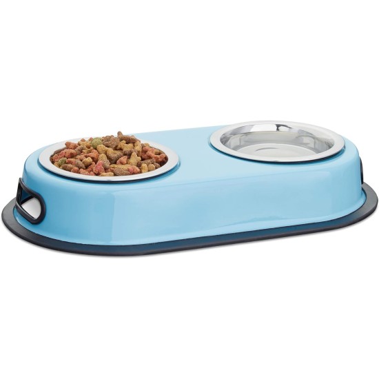 Relaxdays Stainless Steel Feeding Bowls, Dishes for Cats & Small Dogs, 2 Bowls w/ Stand, HxWxD: 5.5 x 33 x 18 cm, Blue Relaxdays Stainless Steel Feeding Bowls, Dishes for Cats & Small Dogs, 2 Bowls w/ Stand, HxWxD: 5.5 x 33 x 18 cm, Blue