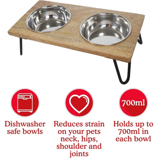 Rosewood Raised Dog Bowl for Medium and Large Dogs with a Sturdy Raised Stand and Two Stainless Steel Water and Food Bowls, Wood, Large Rosewood Raised Dog Bowl for Medium and Large Dogs with a Sturdy Raised Stand and Two Stainless Steel Water and Food Bowls, Wood, Large