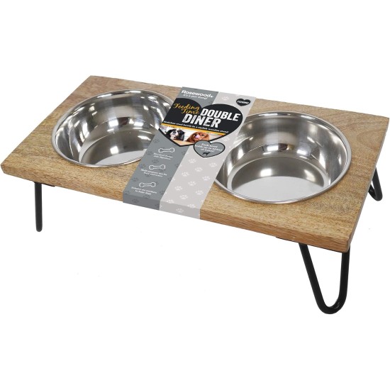 Rosewood Raised Dog Bowl for Medium and Large Dogs with a Sturdy Raised Stand and Two Stainless Steel Water and Food Bowls, Wood, Large