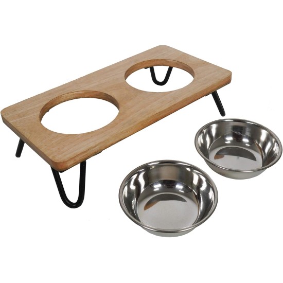 Rosewood Raised Wooden Dog Bowl for Small and Medium Dogs and Cats with a Sturdy Raised Stand and Two Stainless Steel Water and Food Bowls, Medium Rosewood Raised Wooden Dog Bowl for Small and Medium Dogs and Cats with a Sturdy Raised Stand and Two Stainless Steel Water and Food Bowls, Medium