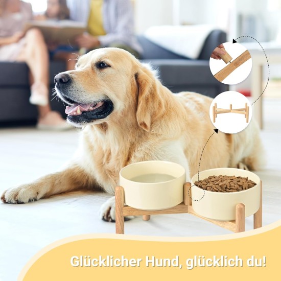 SPUNKYJUNKY Ceramic Dog Bowl Raised Feeding Bowl Water Bowl with Bamboo Stand for Medium and Large Dogs (850 ml, Beige) SPUNKYJUNKY Ceramic Dog Bowl Raised Feeding Bowl Water Bowl with Bamboo Stand for Medium and Large Dogs (850 ml, Beige)