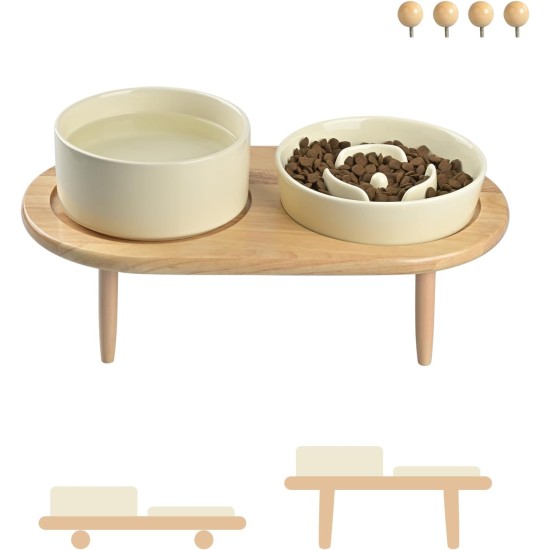 SPUNKYJUNKY Ceramic Dog Bowl Set Anti Sling Bowl with Bamboo Stand for Cats and Dogs (Beige) SPUNKYJUNKY Ceramic Dog Bowl Set Anti Sling Bowl with Bamboo Stand for Cats and Dogs (Beige)