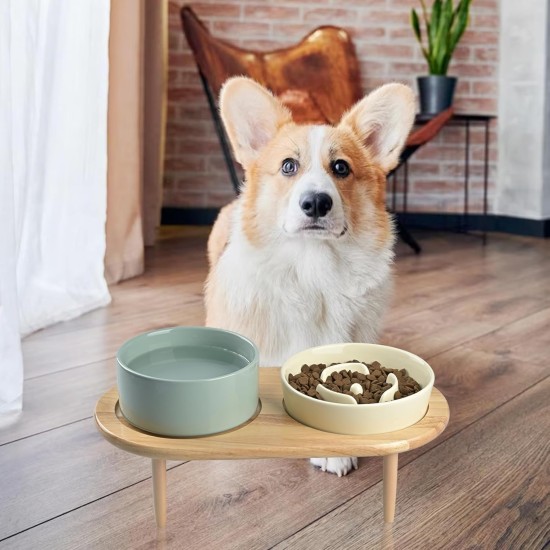SPUNKYJUNKY Ceramic Dog Bowl Set Anti Sling Bowl with Bamboo Stand for Cats and Dogs (Beige) SPUNKYJUNKY Ceramic Dog Bowl Set Anti Sling Bowl with Bamboo Stand for Cats and Dogs (Beige)