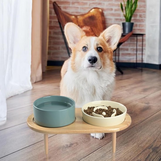 SPUNKYJUNKY Ceramic Dog Bowl Set Anti Sling Bowl with Bamboo Stand for Cats and Dogs (Beige) SPUNKYJUNKY Ceramic Dog Bowl Set Anti Sling Bowl with Bamboo Stand for Cats and Dogs (Beige)